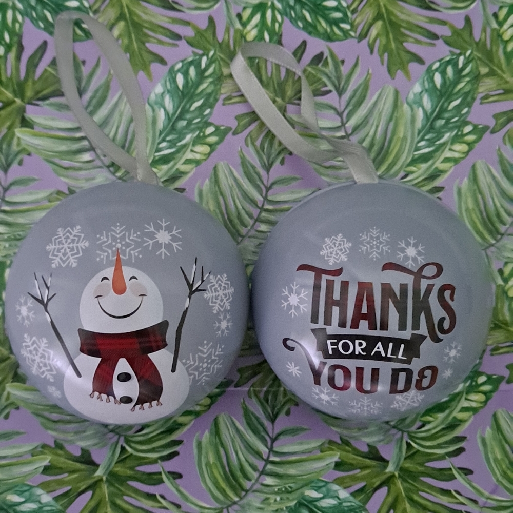Christmas Ornament Snowman Round Metal & Holiday Gift Box. Candy Not Included!